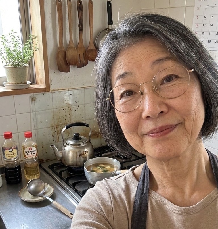 Emiko cooking miso soup in her small kitchen